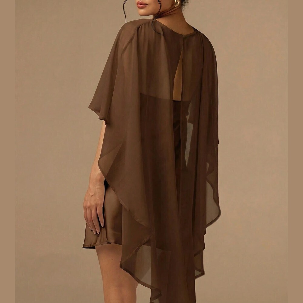 Brown Sheer Chiffon Mini Dress with Draped Cape Sleeve - Picture 3 of 7